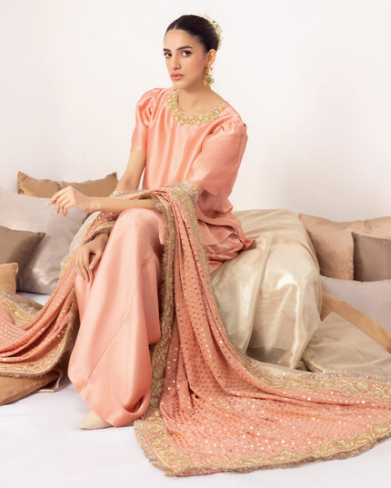 MANHA | Peach Embellished Silk Kalidar Pishwas