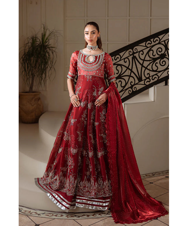 Mehnurisa | Maroon Organza Hand Embellished Silk Pishwas