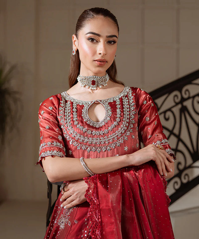 Woman in a red traditional outfit with intricate designs and jewelry indoors.