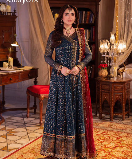 Asim Jofa | Teal Embroidered Chiffon Angrakha