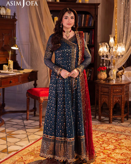 Asim Jofa | Teal Embroidered Chiffon Angrakha