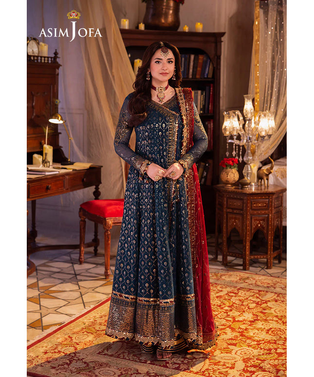 Asim Jofa | Teal Embroidered Chiffon Angrakha