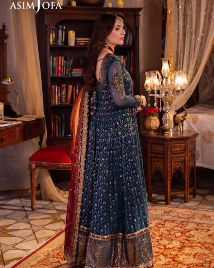 Asim Jofa | Teal Embroidered Chiffon Angrakha