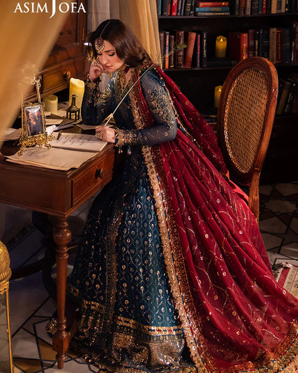 Asim Jofa | Teal Embroidered Chiffon Angrakha