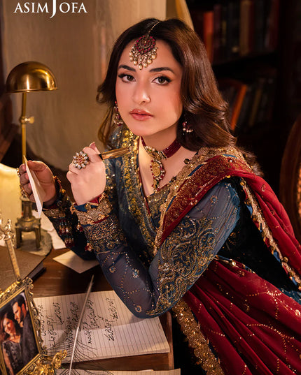 Asim Jofa | Teal Embroidered Chiffon Angrakha