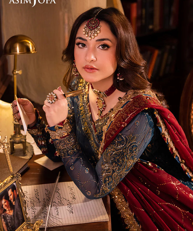 Asim Jofa | Teal Embroidered Chiffon Angrakha