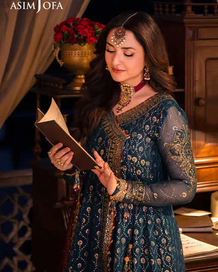 Asim Jofa | Teal Embroidered Chiffon Angrakha