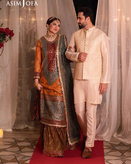 Asim Jofa | Orange Embroidered Embellished Chiffon Sharara