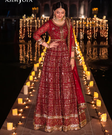 Asim Jofa | Red Embroidered Embellished Chiffon Gown