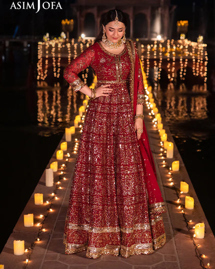 Asim Jofa | Red Embroidered Embellished Chiffon Gown