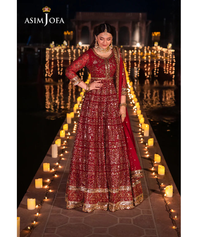 Asim Jofa | Red Embroidered Embellished Chiffon Gown