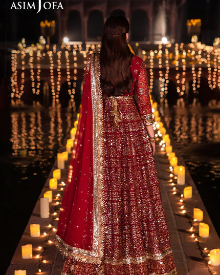 Asim Jofa | Red Embroidered Embellished Chiffon Gown