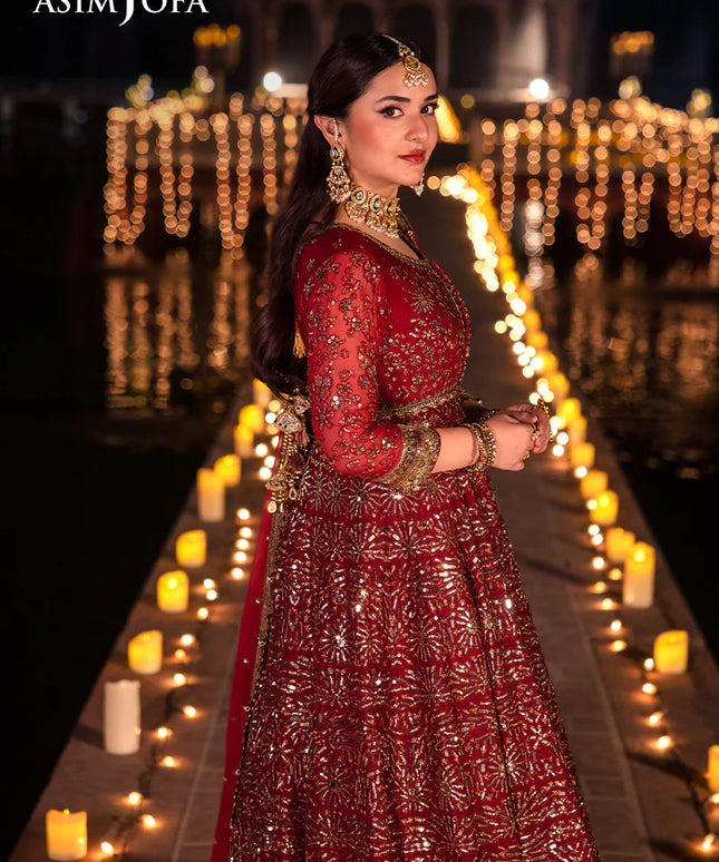Asim Jofa | Red Embroidered Embellished Chiffon Gown