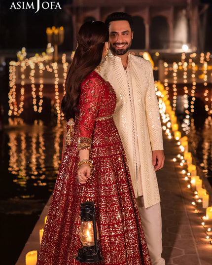 Asim Jofa | Red Embroidered Embellished Chiffon Gown