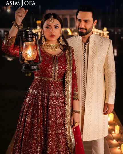 Asim Jofa | Red Embroidered Embellished Chiffon Gown