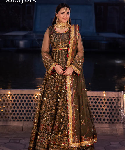 Asim Jofa | Olive Green Embroidered Embellished Net Maxi Dress Custom made Asim Jofa | Olive Green Embroidered Embellished Net Maxi Dress Custom made