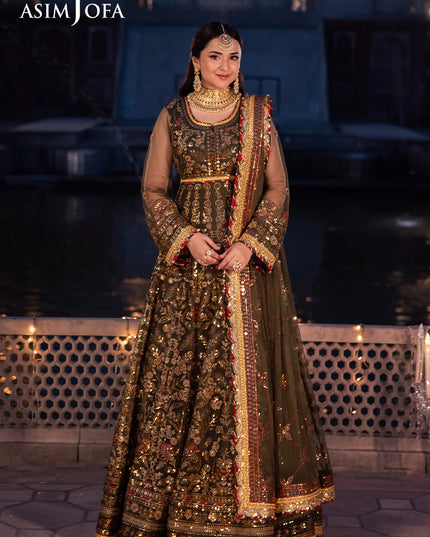 Asim Jofa | Olive Green Embroidered Embellished Net Maxi Dress