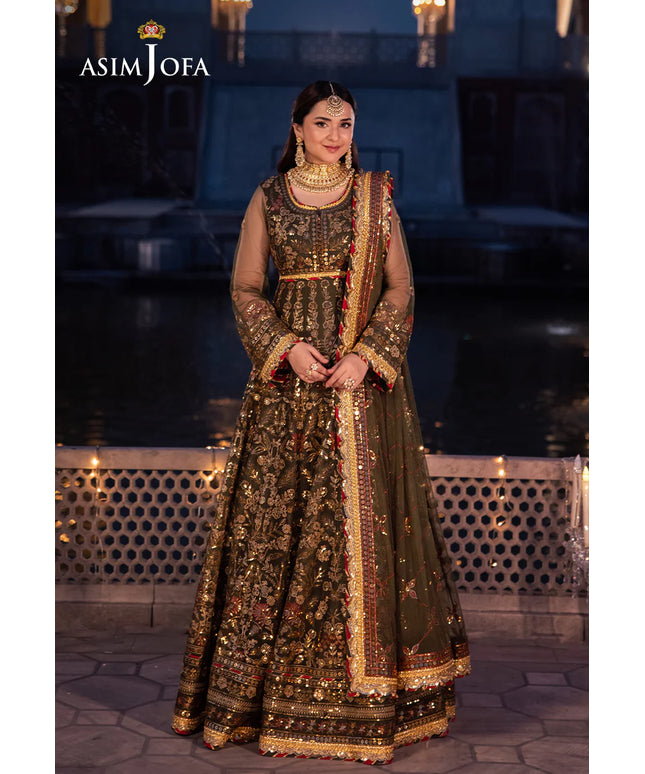 Asim Jofa | Olive Green Embroidered Embellished Net Maxi Dress