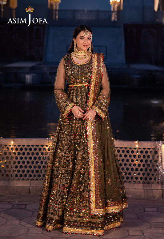 Asim Jofa | Olive Green Embroidered Embellished Net Maxi Dress