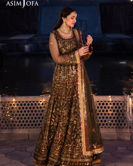 Asim Jofa | Olive Green Embroidered Embellished Net Maxi Dress