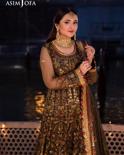 Asim Jofa | Olive Green Embroidered Embellished Net Maxi Dress