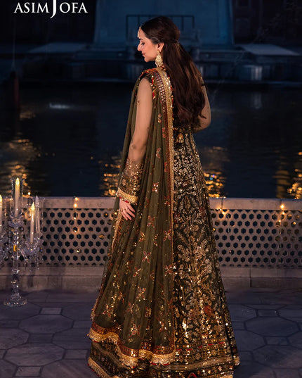 Asim Jofa | Olive Green Embroidered Embellished Net Maxi Dress