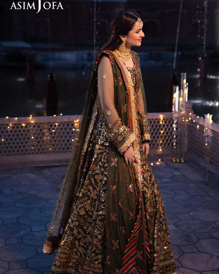 Asim Jofa | Olive Green Embroidered Embellished Net Maxi Dress