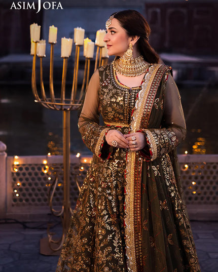 Asim Jofa | Olive Green Embroidered Embellished Net Maxi Dress