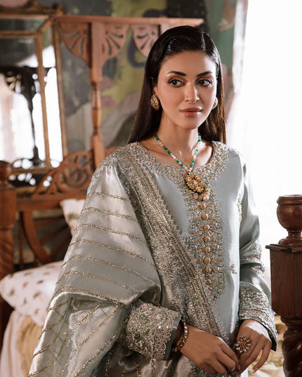 Mushq | Sea Green Festive Embellished Silk Suit