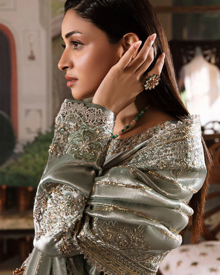 Mushq | Sea Green Festive Embellished Silk Suit