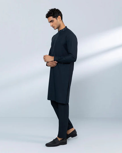 2 Piece | Navy Embroidered Wash and Wear Kurta Trouser