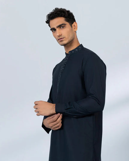 2 Piece | Navy Embroidered Wash and Wear Kurta Trouser
