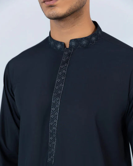 2 Piece | Navy Embroidered Wash and Wear Kurta Trouser