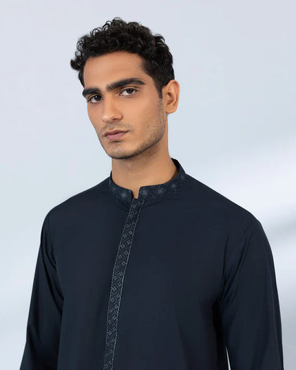 2 Piece | Navy Embroidered Wash and Wear Kurta Trouser