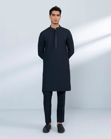 2 Piece | Navy Embroidered Wash and Wear Kurta Trouser
