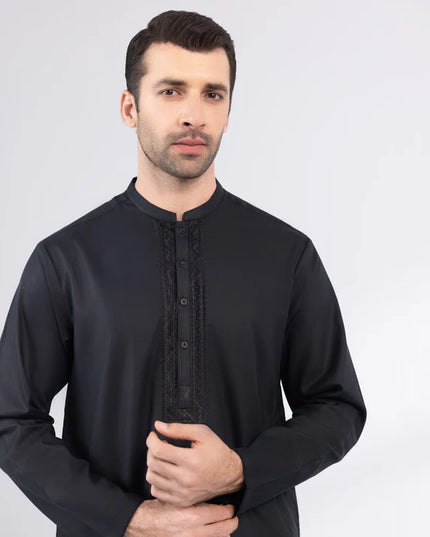 2 Piece | Black Embroidered Cotton Kurta Shalwar