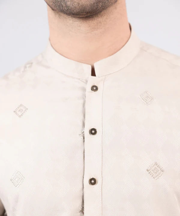 2 Piece | Beige Cotton Jacquard Embroidered Kurta Trousers