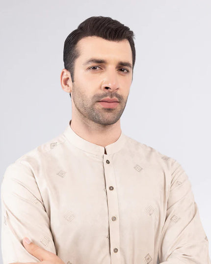 2 Piece | Beige Cotton Jacquard Embroidered Kurta Trousers