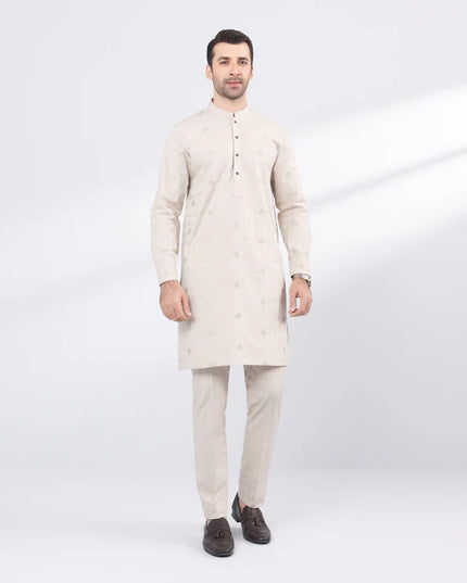 2 Piece | Beige Cotton Jacquard Embroidered Kurta Trousers