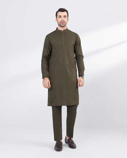 2 Piece | Olive Embroidered Cotton Kurta Trouser