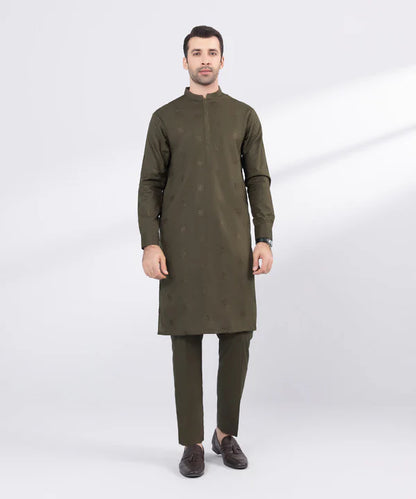 2 Piece | Olive Embroidered Cotton Kurta Trouser