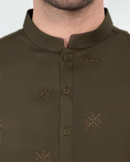 2 Piece | Olive Embroidered Cotton Kurta Trouser