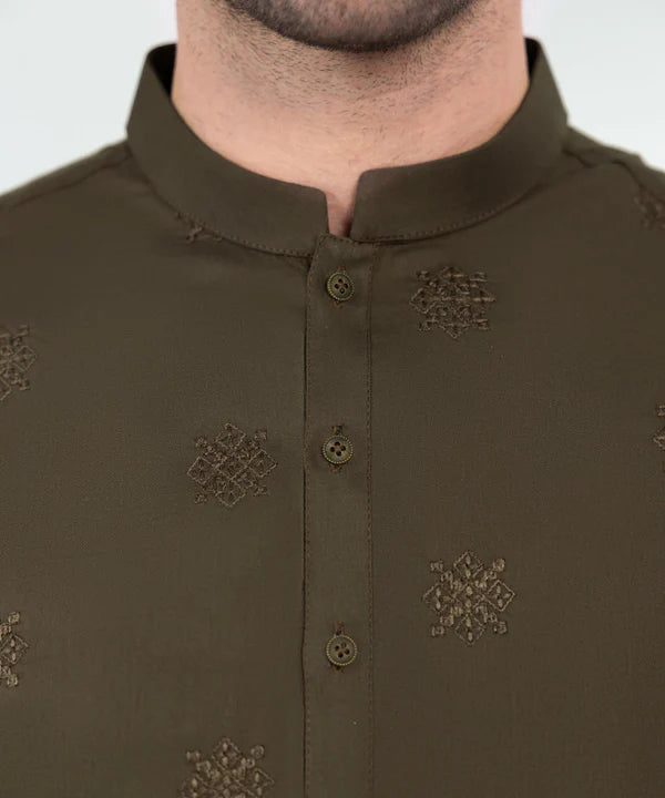 2 Piece | Olive Embroidered Cotton Kurta Trouser