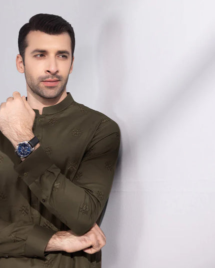 2 Piece | Olive Embroidered Cotton Kurta Trouser