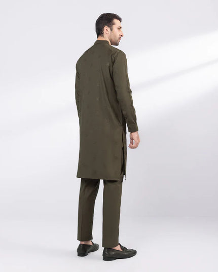 2 Piece | Olive Embroidered Cotton Kurta Trouser