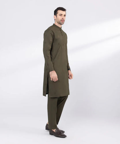 2 Piece | Olive Embroidered Cotton Kurta Trouser