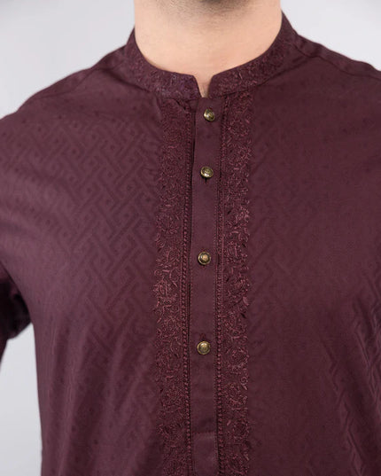 2 Piece | Maroon Embroidered Cotton Jacquard Kurta Pyjama