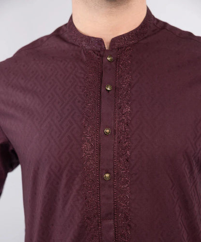 2 Piece | Maroon Embroidered Cotton Jacquard Kurta Pyjama