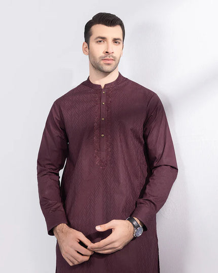 2 Piece | Maroon Embroidered Cotton Jacquard Kurta Pyjama