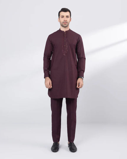 2 Piece | Maroon Embroidered Cotton Jacquard Kurta Pyjama